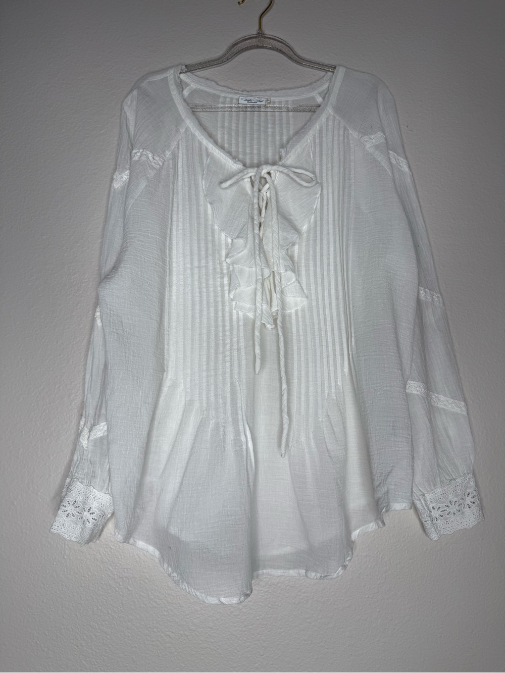 Tasha Polizzi White Cotton Ruffle Lace-Up Peasant Blouse Pintuck & Lace XL